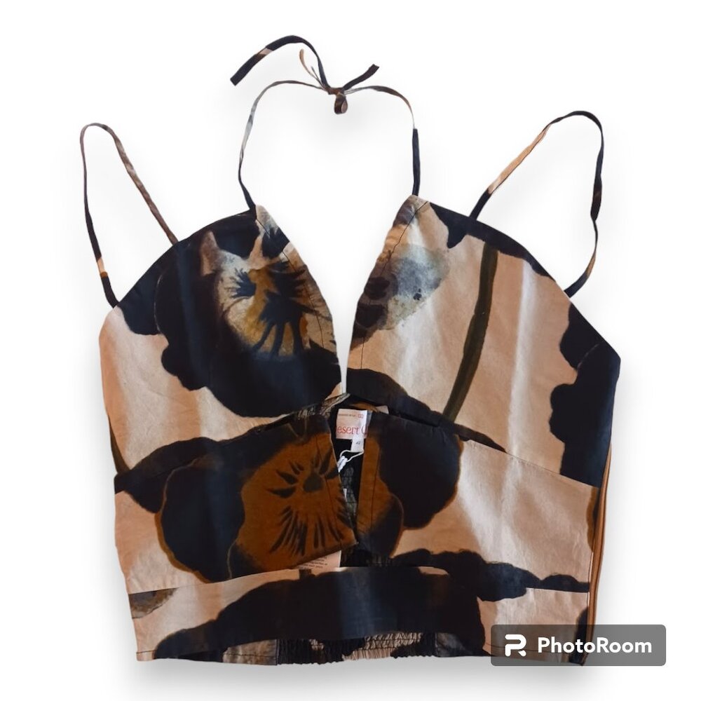 Floral Beige Summer Halter Top Desert Queen Medium